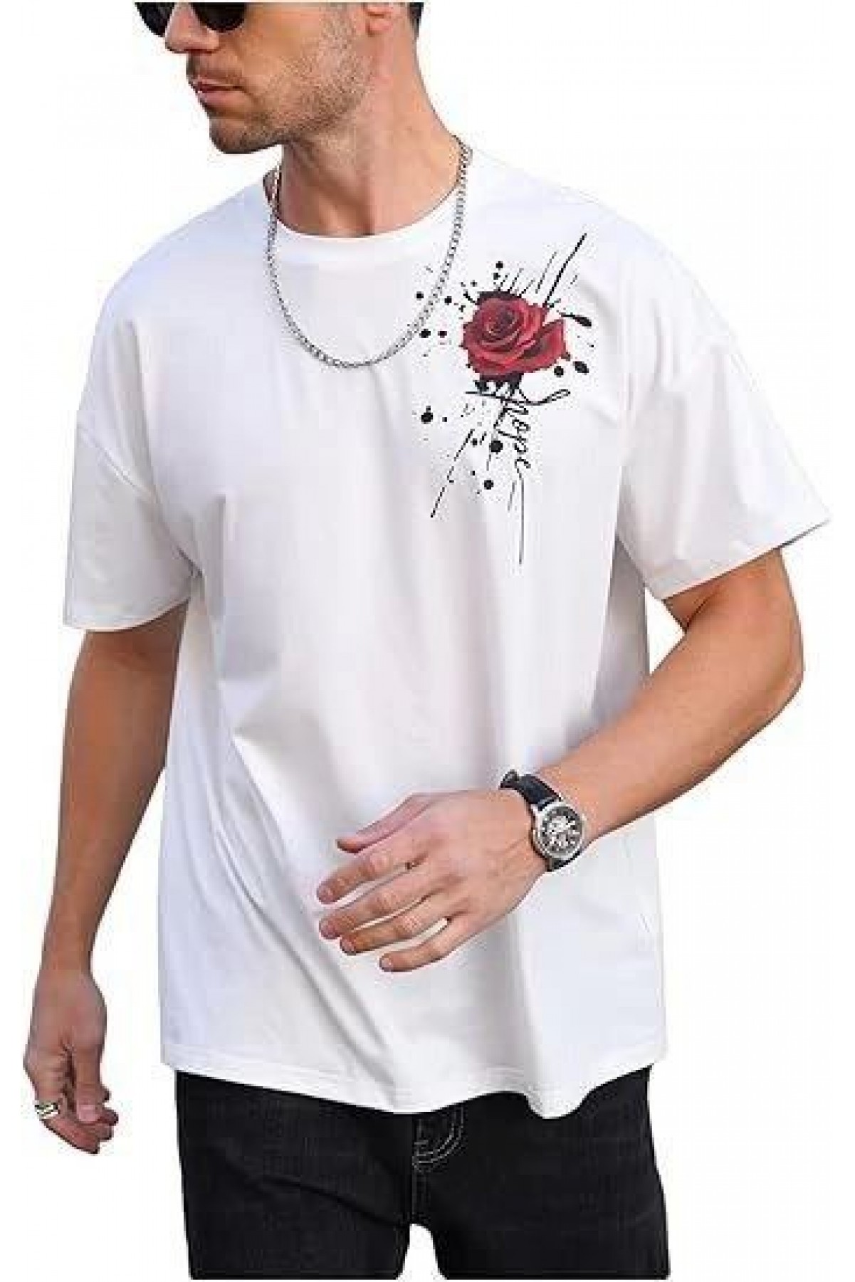 Erkek Kısa Kol Yazlık Tişört Bisiklet Yaka GÜL Baskılı T-Shirt - Beyaz