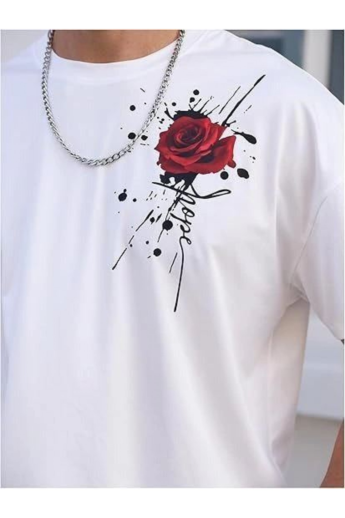 Erkek Kısa Kol Yazlık Tişört Bisiklet Yaka GÜL Baskılı T-Shirt - Beyaz
