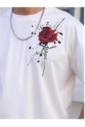 Erkek Kısa Kol Yazlık Tişört Bisiklet Yaka GÜL Baskılı T-Shirt - Beyaz