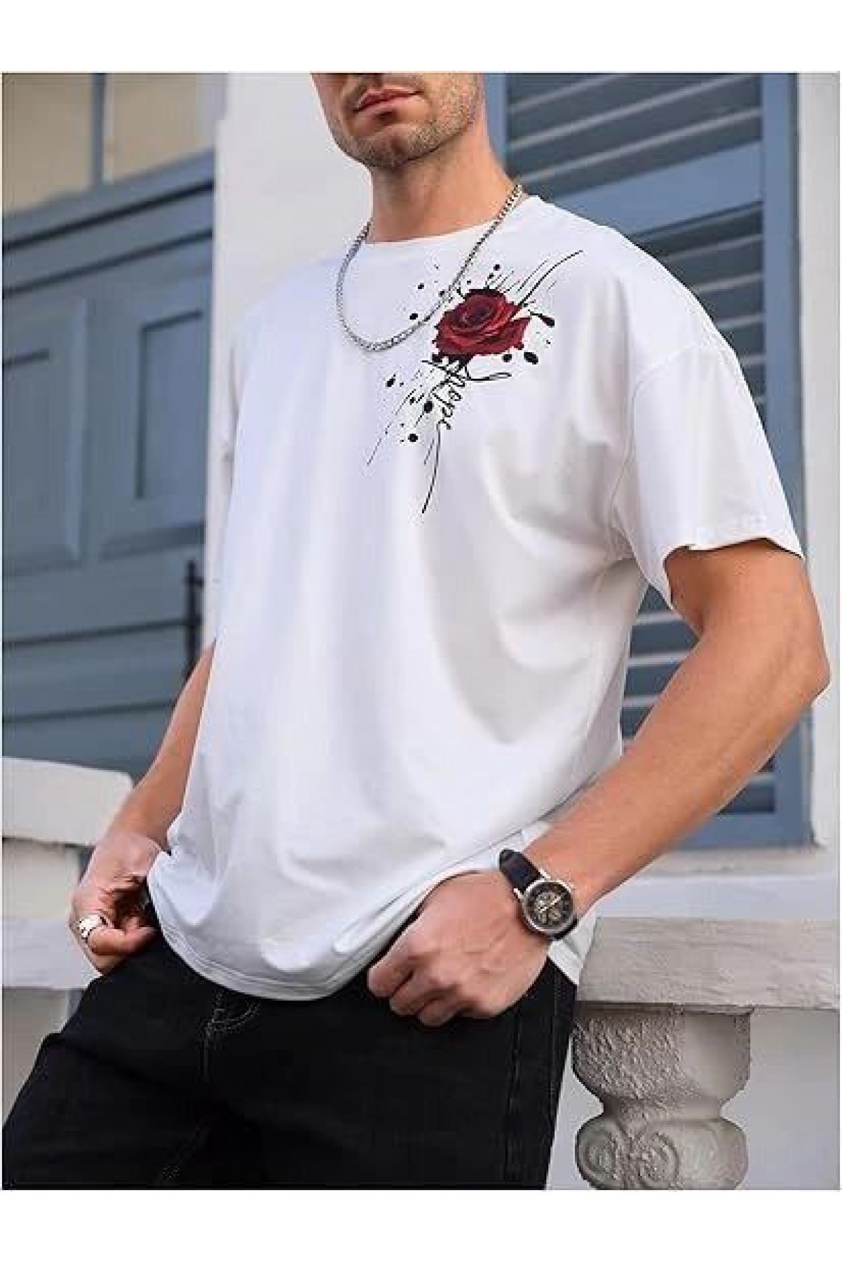 Erkek Kısa Kol Yazlık Tişört Bisiklet Yaka GÜL Baskılı T-Shirt - Beyaz