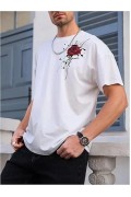 Erkek Kısa Kol Yazlık Tişört Bisiklet Yaka GÜL Baskılı T-Shirt - Beyaz