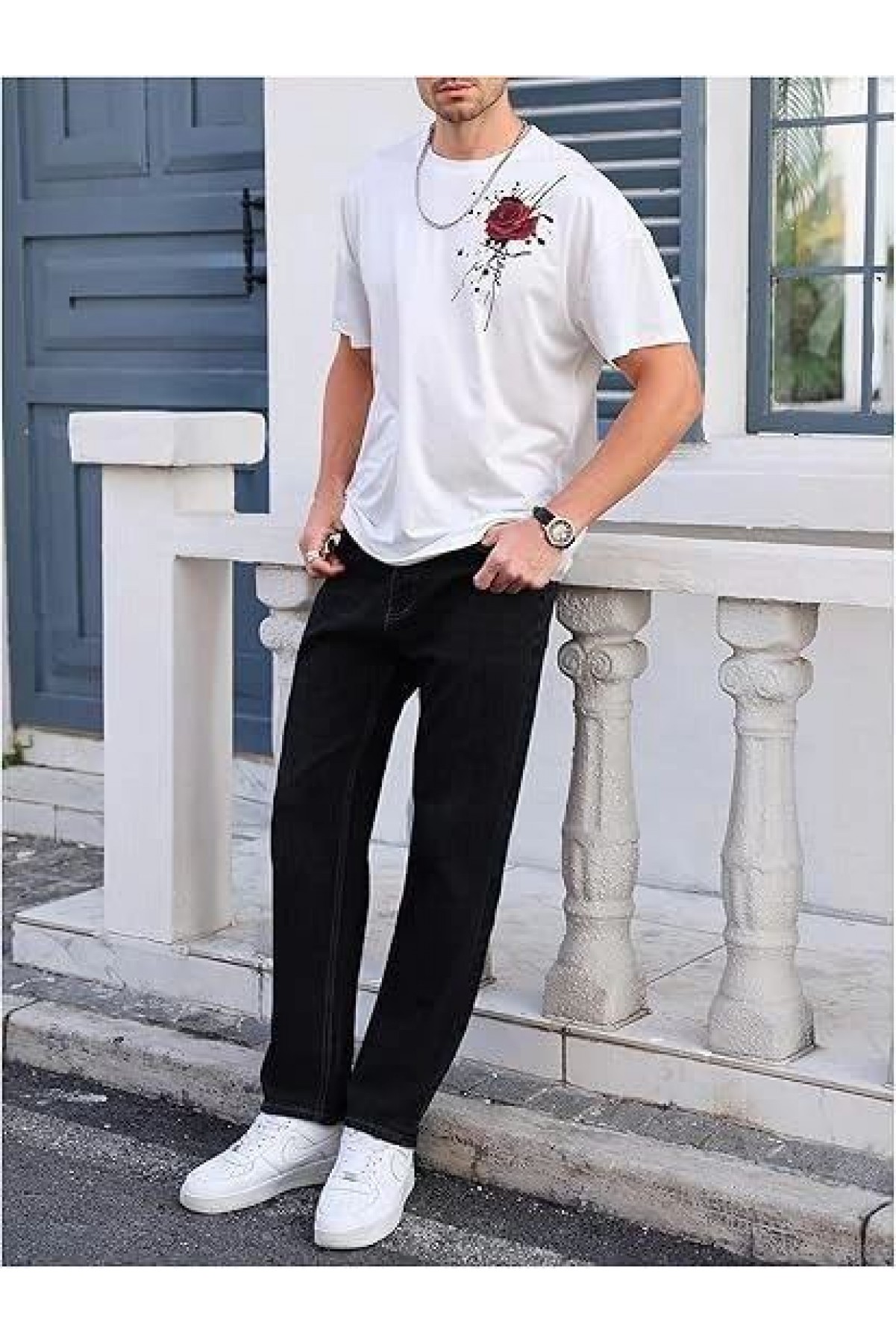 Erkek Kısa Kol Yazlık Tişört Bisiklet Yaka GÜL Baskılı T-Shirt - Beyaz
