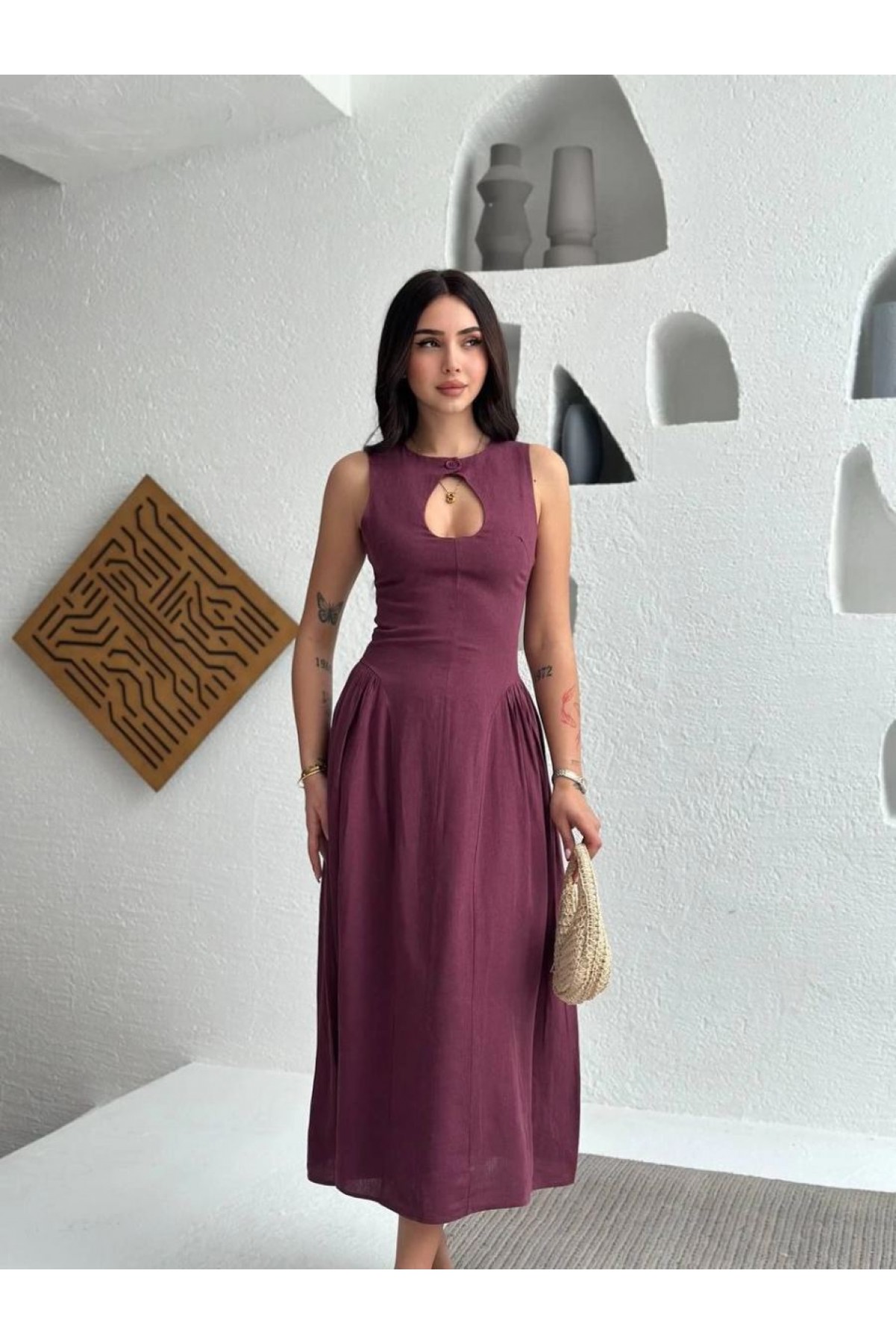 Kolsuz Uzun Kabardin Elbise - Bordo