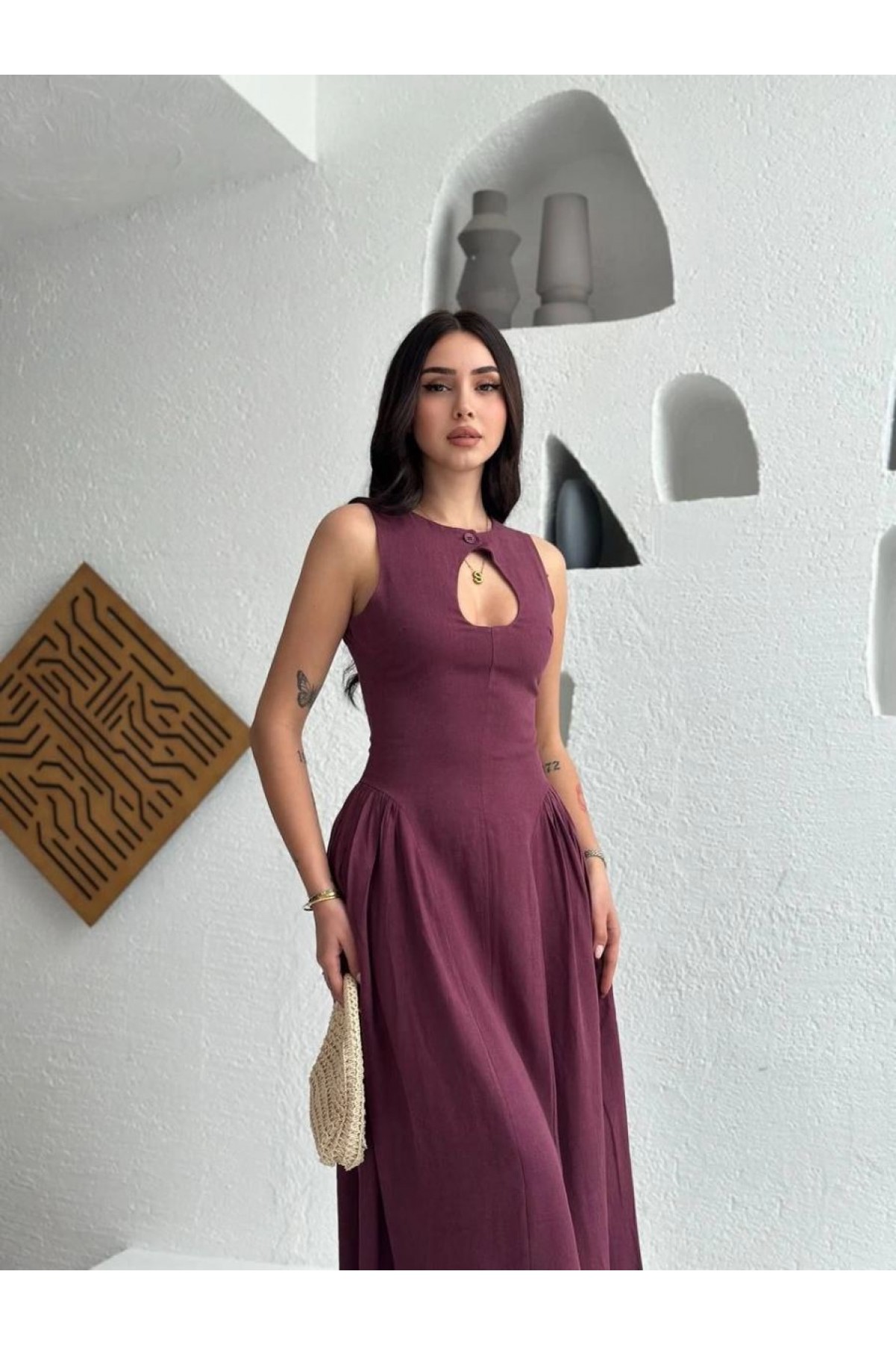 Kolsuz Uzun Kabardin Elbise - Bordo