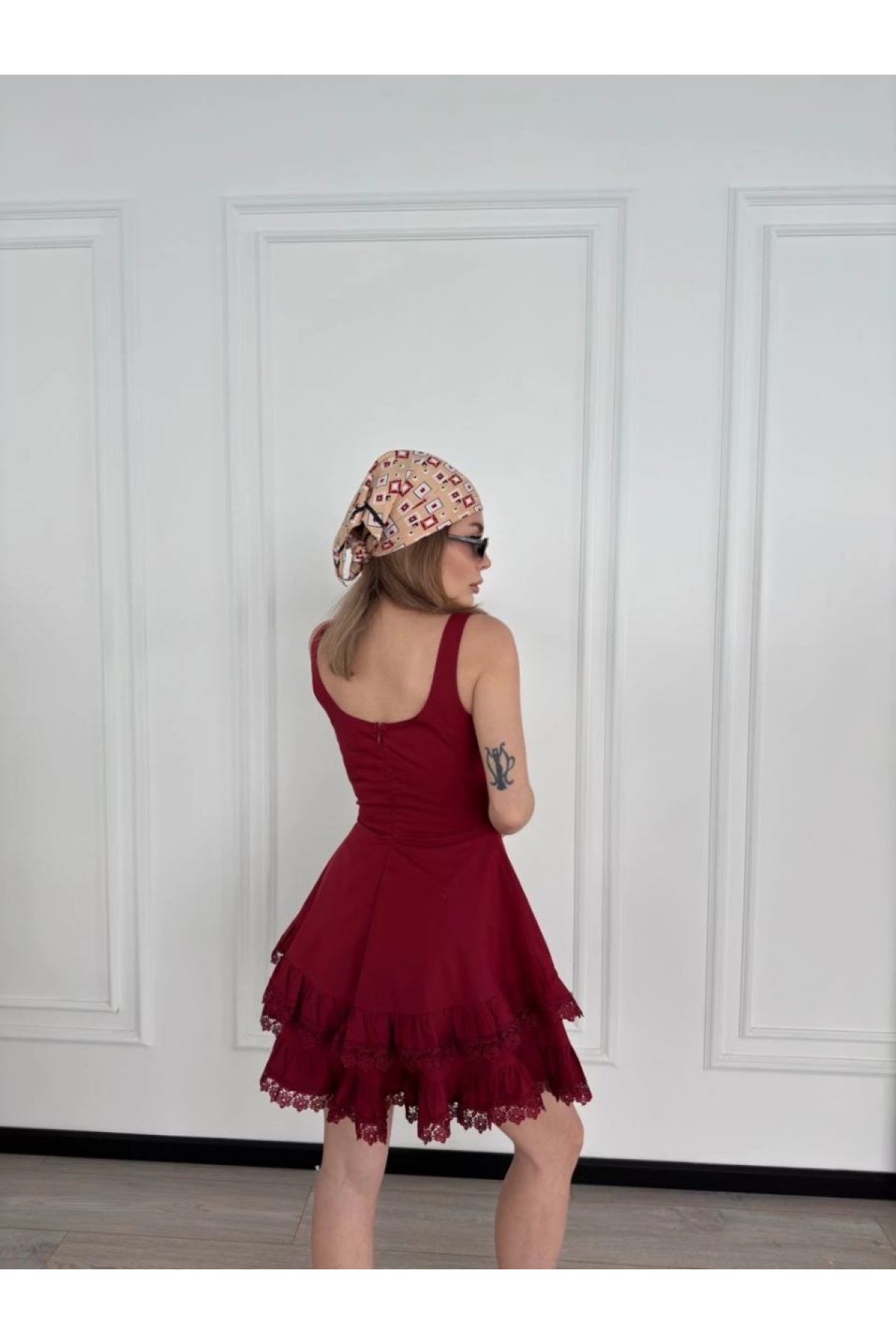 Kadın Mini Askılı Elbise - Bordo