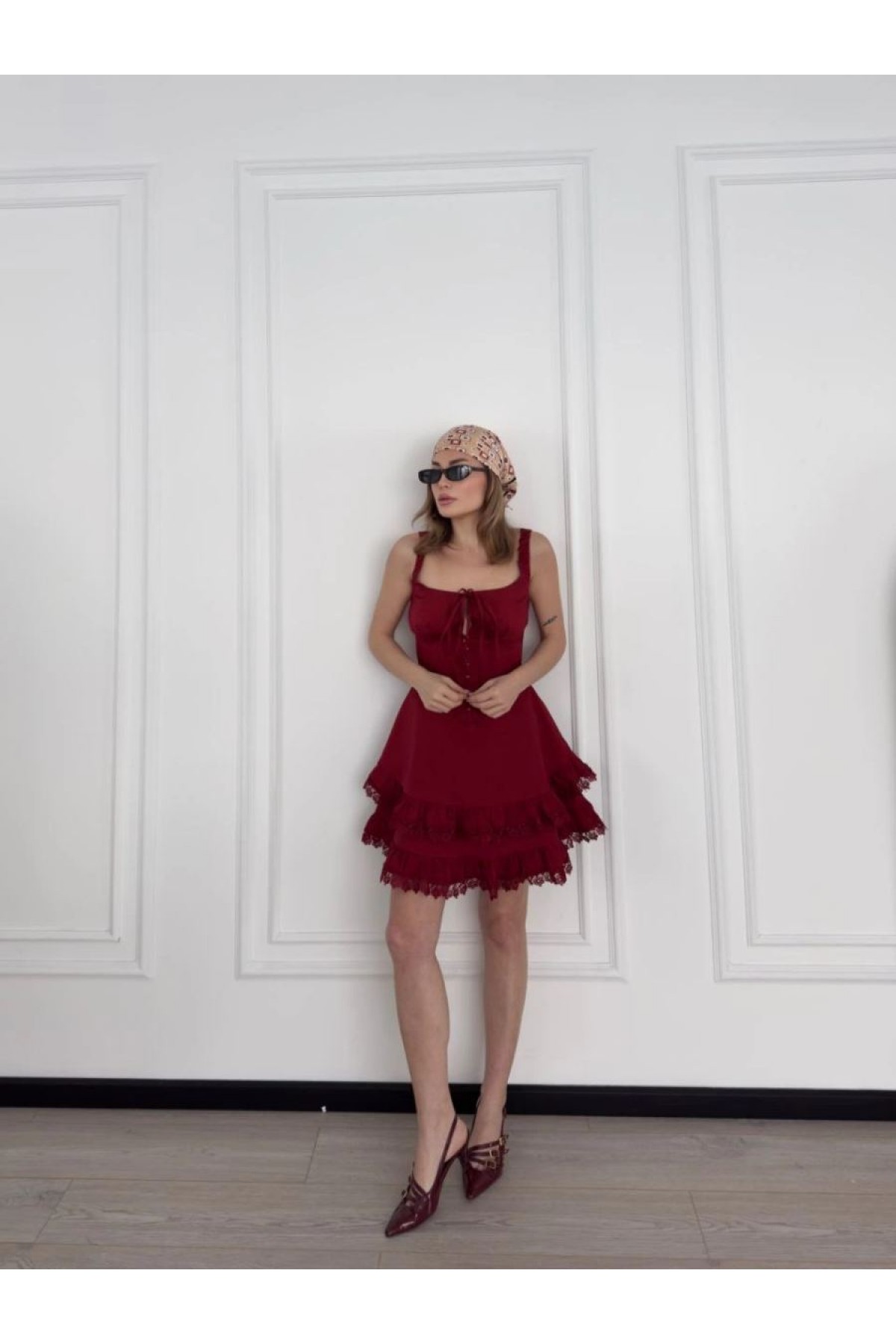 Kadın Mini Askılı Elbise - Bordo