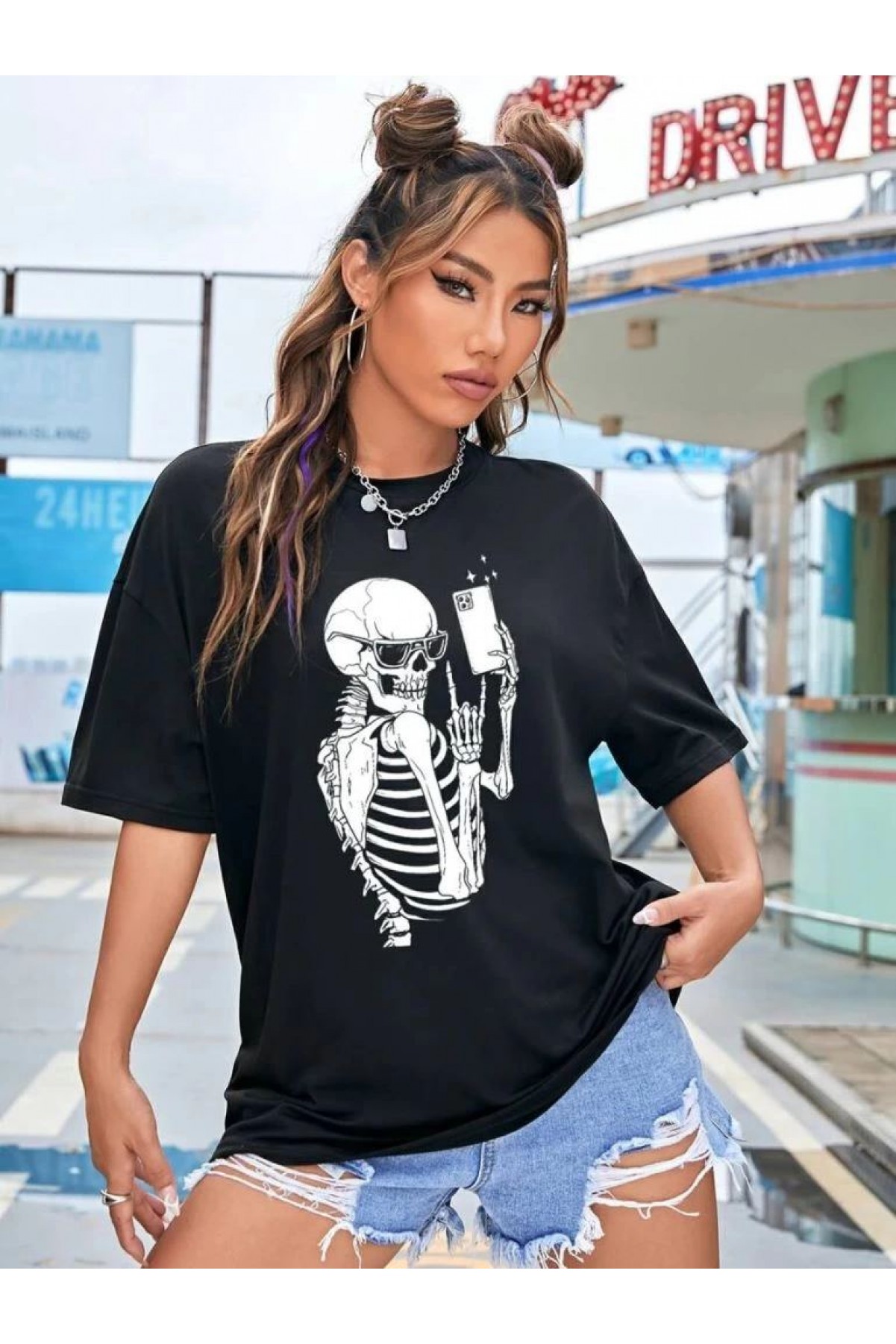 Kadın iskelet Baskılı T-Shirt Kısa Kol Bisiklet Yaka Oversize Tişört - Siyah