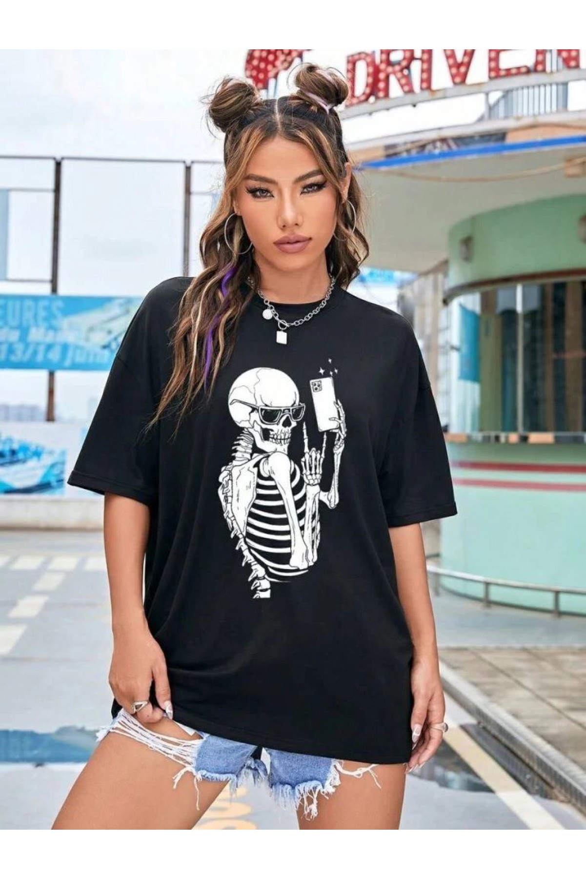 Kadın iskelet Baskılı T-Shirt Kısa Kol Bisiklet Yaka Oversize Tişört - Siyah
