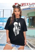 Kadın iskelet Baskılı T-Shirt Kısa Kol Bisiklet Yaka Oversize Tişört - Siyah