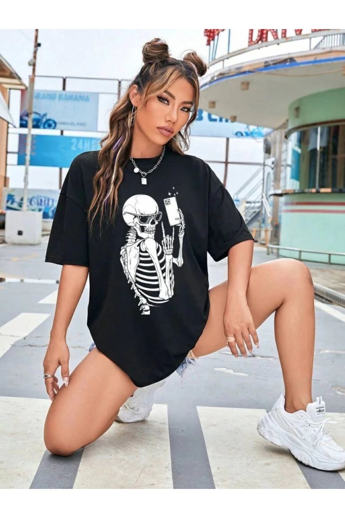 Kadın iskelet Baskılı T-Shirt Kısa Kol Bisiklet Yaka Oversize Tişört - Siyah