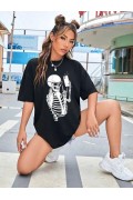 Kadın iskelet Baskılı T-Shirt Kısa Kol Bisiklet Yaka Oversize Tişört - Siyah