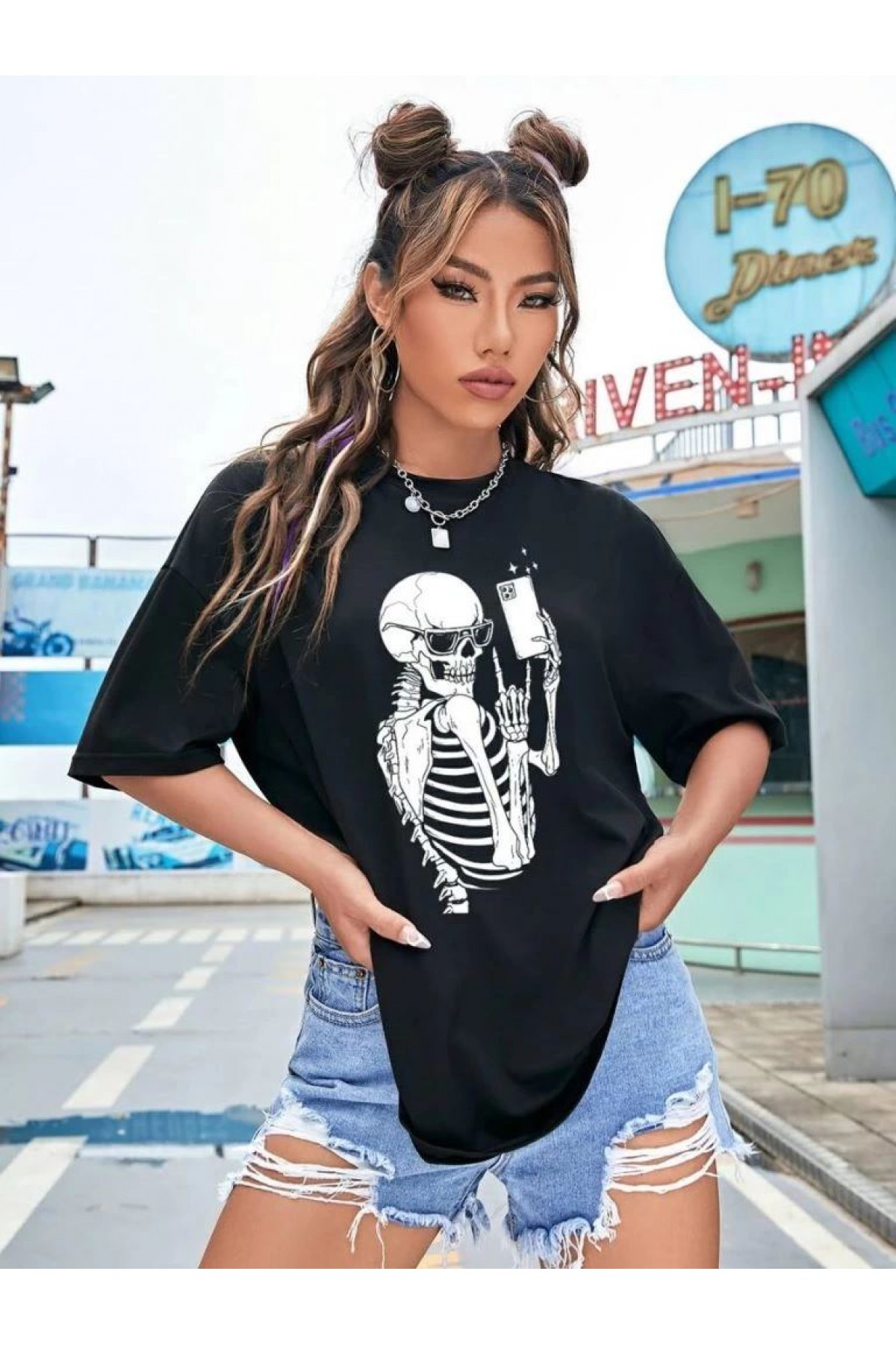 Kadın iskelet Baskılı T-Shirt Kısa Kol Bisiklet Yaka Oversize Tişört - Siyah