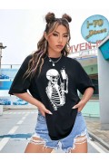 Kadın iskelet Baskılı T-Shirt Kısa Kol Bisiklet Yaka Oversize Tişört - Siyah