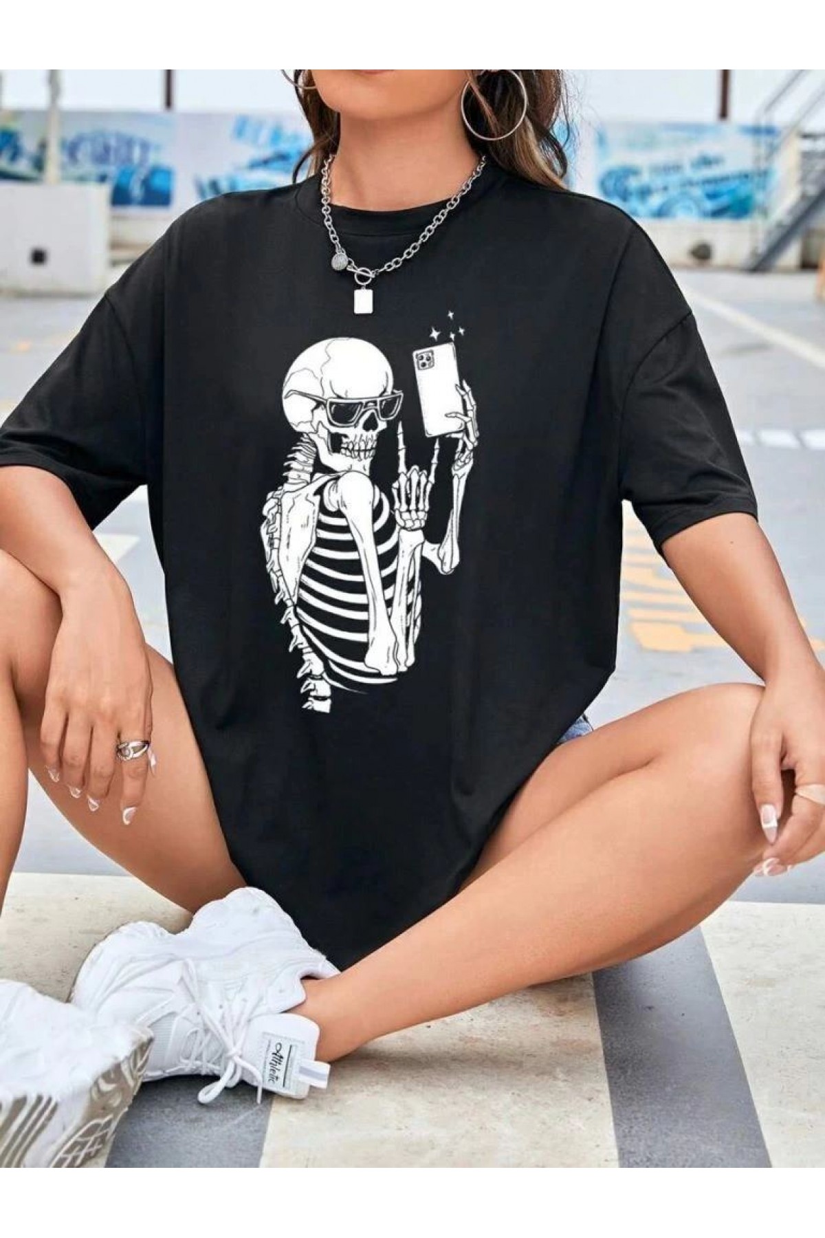Kadın iskelet Baskılı T-Shirt Kısa Kol Bisiklet Yaka Oversize Tişört - Siyah