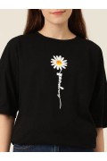 Kadın Papatya Baskılı T-Shirt Kısa Kol Bisiklet Yaka Oversize  Tişört - Siyah