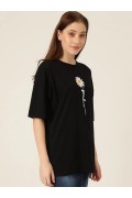 Kadın Papatya Baskılı T-Shirt Kısa Kol Bisiklet Yaka Oversize  Tişört - Siyah