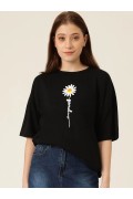 Kadın Papatya Baskılı T-Shirt Kısa Kol Bisiklet Yaka Oversize  Tişört - Siyah