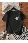 Kadın Baskılı T-Shirt Kısa Kol Bisiklet Yaka Oversize Rahat Kalıp Tişört - Siyah