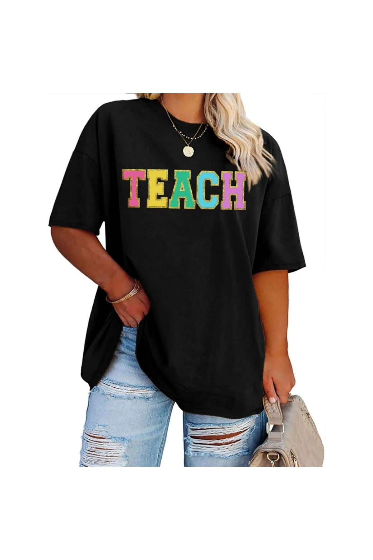 Kadın Baskılı T-Shirt Kısa Kol Bisiklet Yaka Oversize Rahat Kalıp Tişört - Siyah