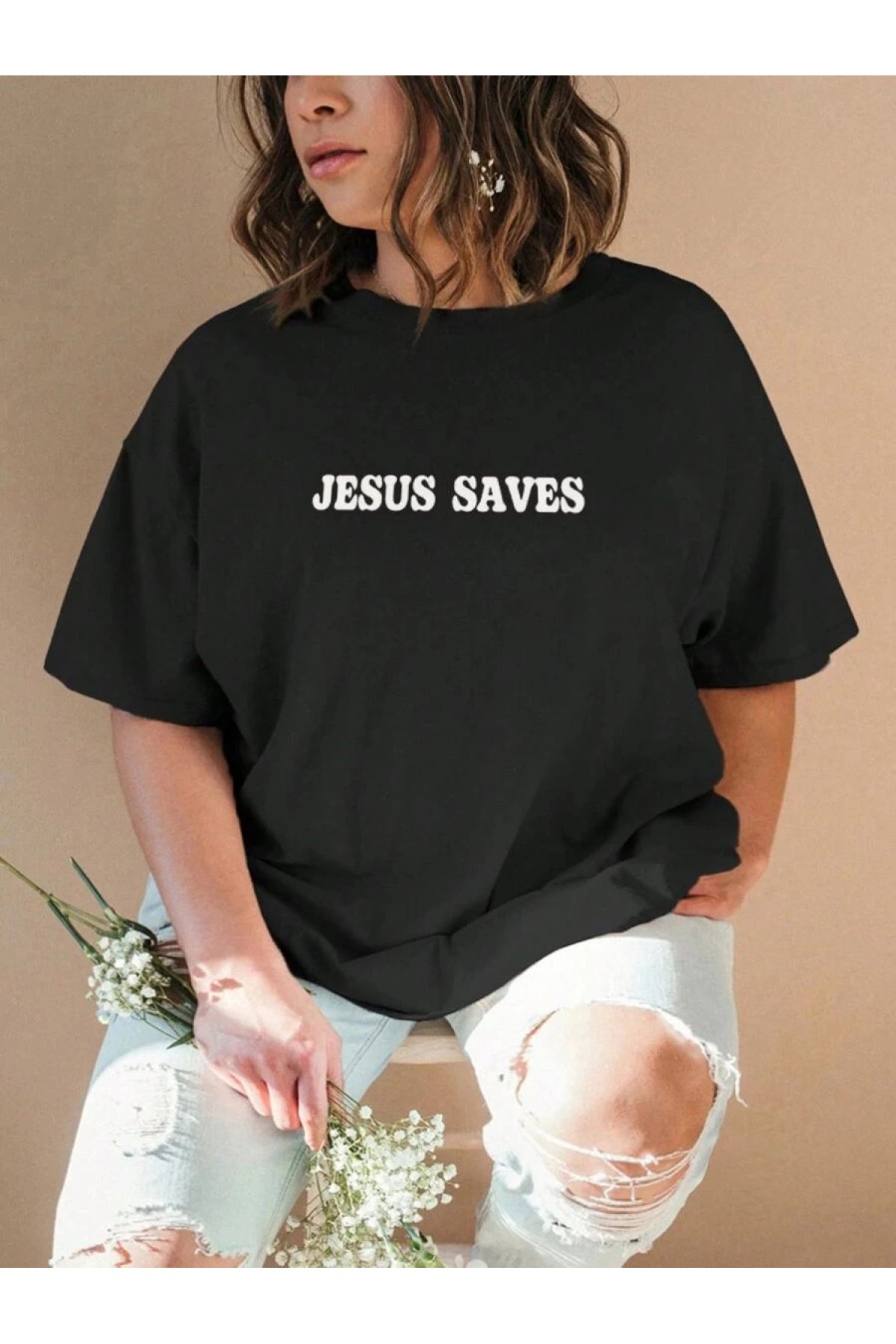 Kadın Baskılı T-Shirt Kısa Kol Bisiklet Yaka Oversize Rahat Kalıp Tişört - Siyah