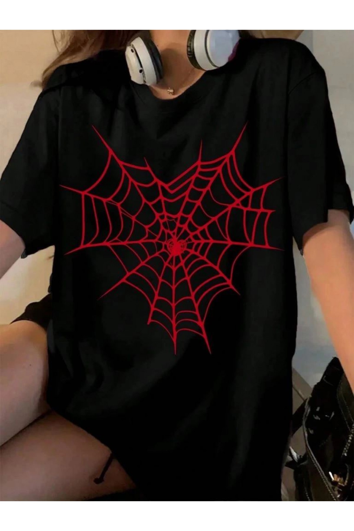 Kadın Örümcek Ağ Baskılı T-Shirt Kısa Kol Bisiklet Yaka Oversize Tişört - Siyah