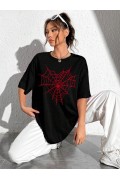 Kadın Örümcek Ağ Baskılı T-Shirt Kısa Kol Bisiklet Yaka Oversize Tişört - Siyah