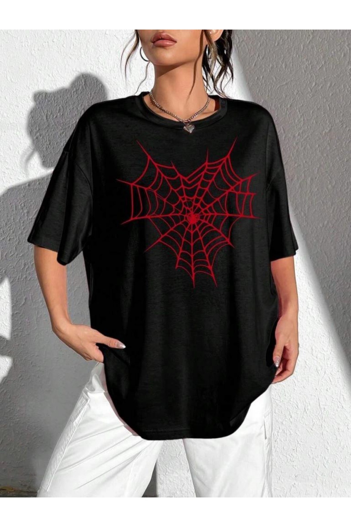 Kadın Örümcek Ağ Baskılı T-Shirt Kısa Kol Bisiklet Yaka Oversize Tişört - Siyah