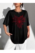 Kadın Örümcek Ağ Baskılı T-Shirt Kısa Kol Bisiklet Yaka Oversize Tişört - Siyah