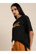 Kadın Kısa Kol Yazlık Tişört Bisiklet Yaka BASIC Baskılı T-Shirt - Siyah