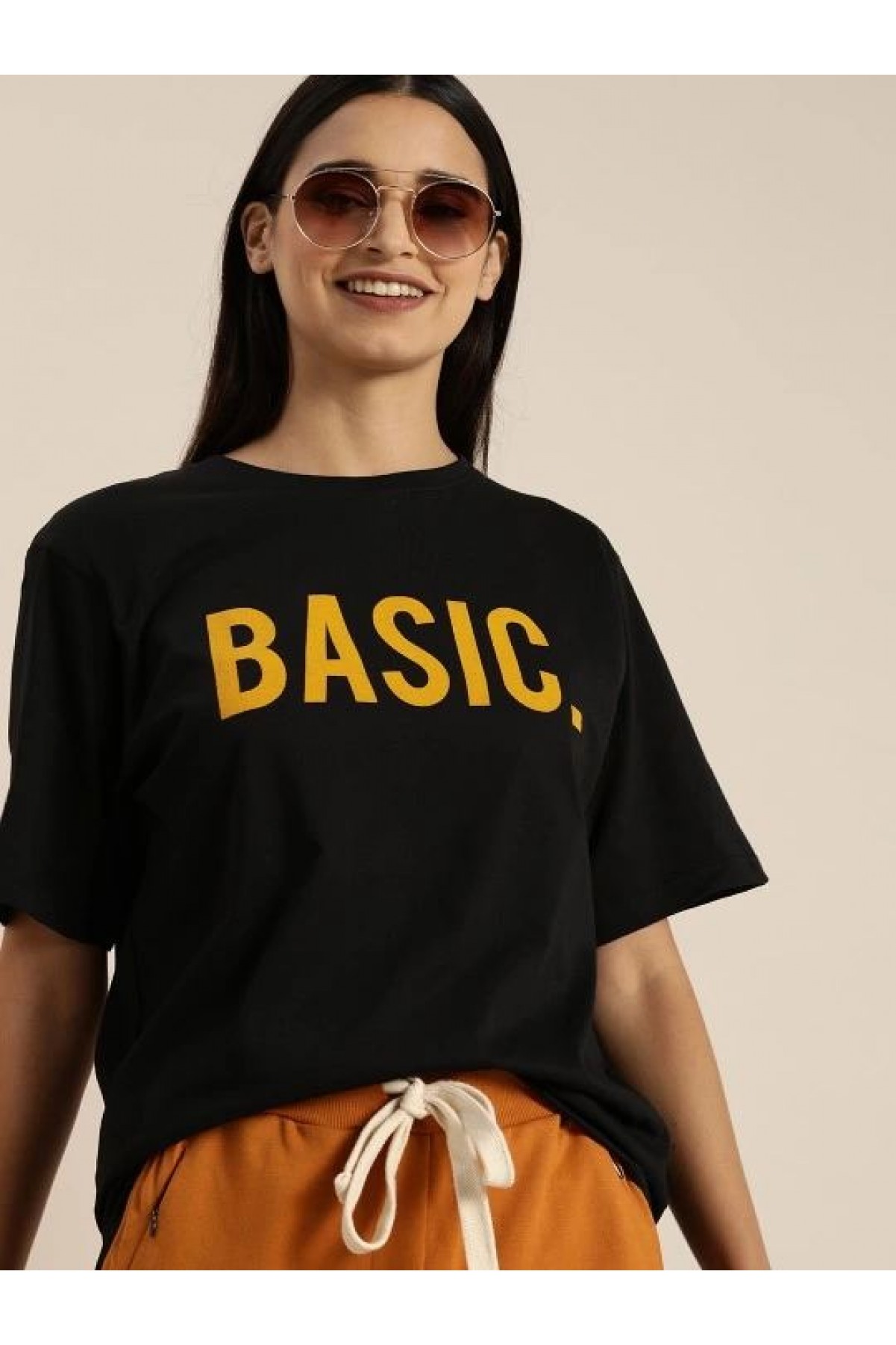 Kadın Kısa Kol Yazlık Tişört Bisiklet Yaka BASIC Baskılı T-Shirt - Siyah