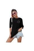 Kadın Baskılı T-Shirt Kısa Kol Bisiklet Yaka Oversize Rahat Kalıp Tişört - Siyah
