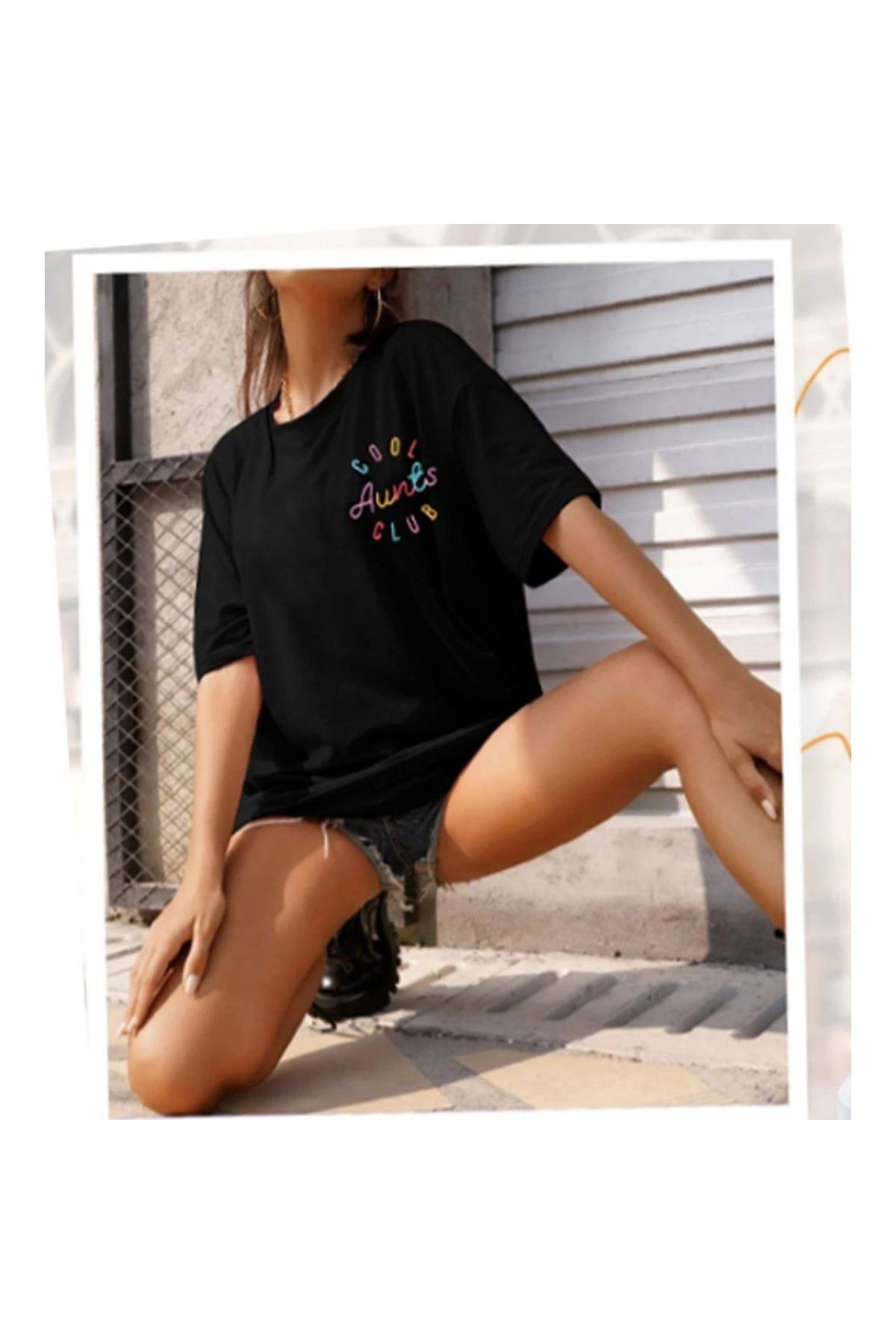 Kadın Baskılı T-Shirt Kısa Kol Bisiklet Yaka Oversize Rahat Kalıp Tişört - Siyah