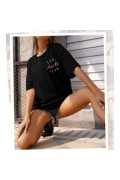 Kadın Baskılı T-Shirt Kısa Kol Bisiklet Yaka Oversize Rahat Kalıp Tişört - Siyah