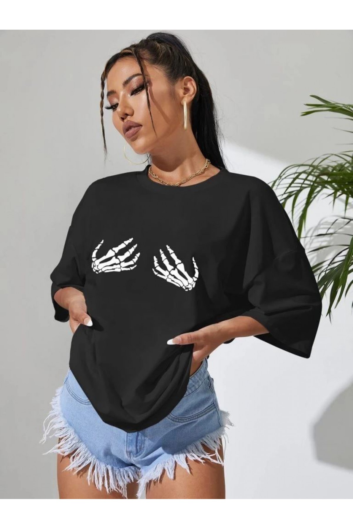 Kadın Baskılı T-Shirt Kısa Kol Bisiklet Yaka Oversize Rahat Kalıp Tişört - Siyah