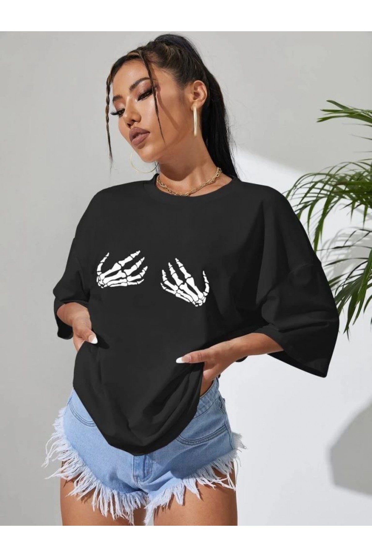 Kadın Baskılı T-Shirt Kısa Kol Bisiklet Yaka Oversize Rahat Kalıp Tişört - Siyah