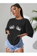 Kadın Baskılı T-Shirt Kısa Kol Bisiklet Yaka Oversize Rahat Kalıp Tişört - Siyah