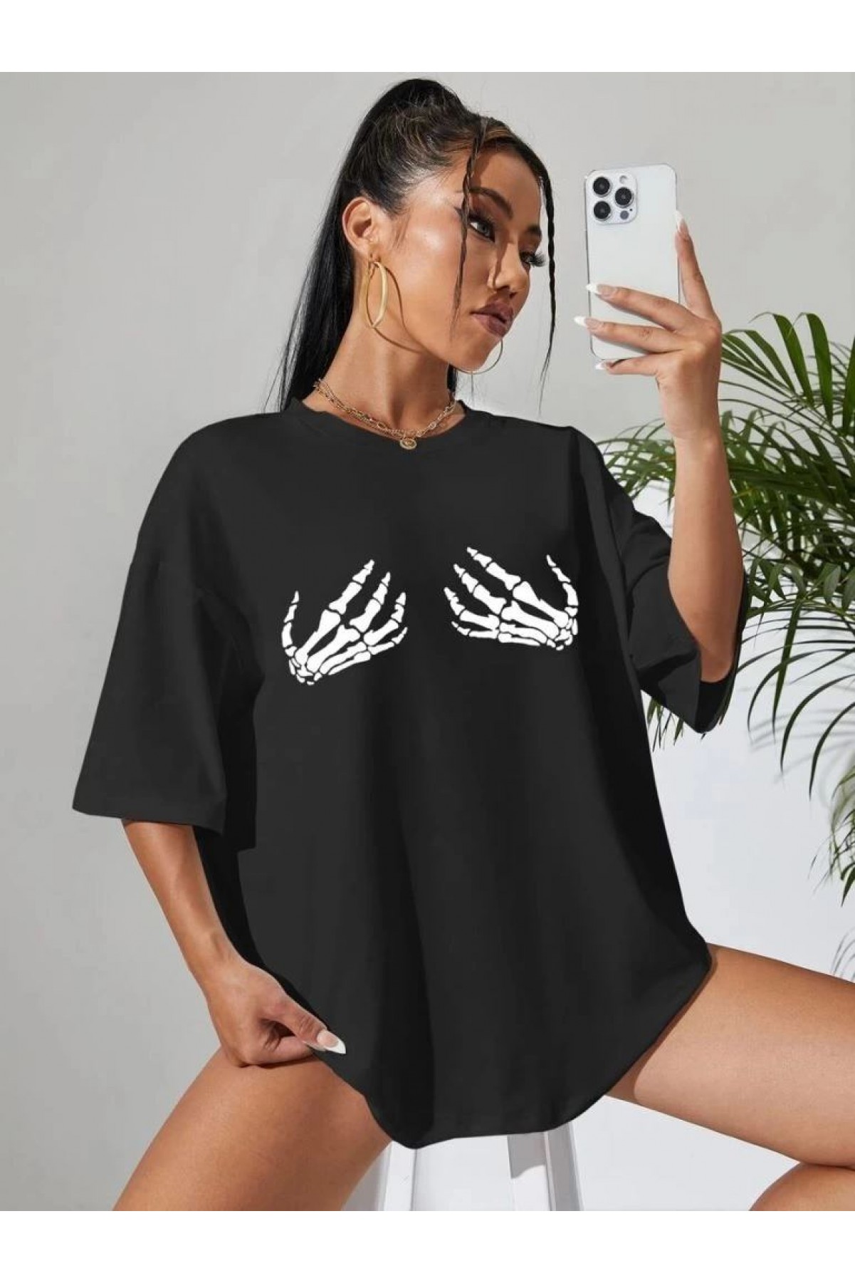 Kadın Baskılı T-Shirt Kısa Kol Bisiklet Yaka Oversize Rahat Kalıp Tişört - Siyah