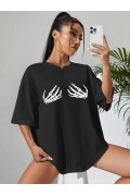 Kadın Baskılı T-Shirt Kısa Kol Bisiklet Yaka Oversize Rahat Kalıp Tişört - Siyah