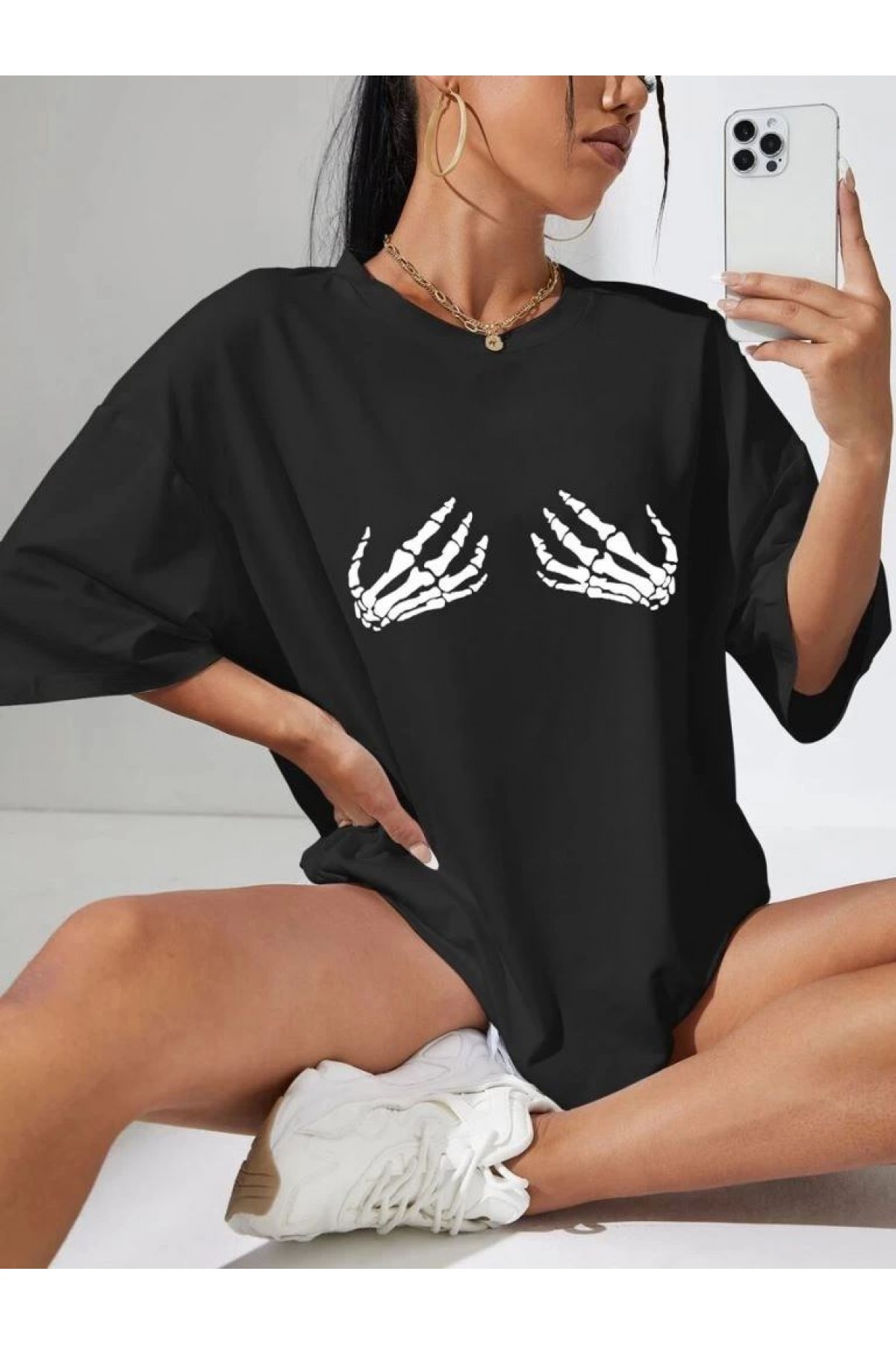Kadın Baskılı T-Shirt Kısa Kol Bisiklet Yaka Oversize Rahat Kalıp Tişört - Siyah