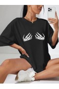 Kadın Baskılı T-Shirt Kısa Kol Bisiklet Yaka Oversize Rahat Kalıp Tişört - Siyah