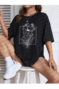 Kadın Kısa Kol Yazlık Tişört Bisiklet Yaka Baskılı Oversize T-Shirt - Siyah