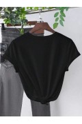 Kadın Kısa Kol Yazlık Tişört Bisiklet Yaka Baskılı Oversize T-Shirt - Siyah
