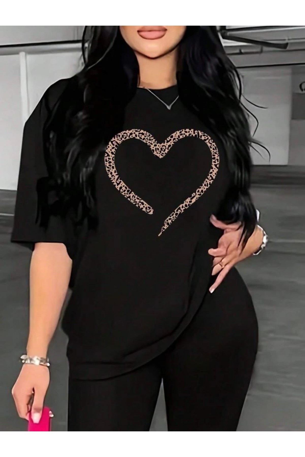 Kadın Kalp Baskılı T-Shirt Kısa Kol Bisiklet Yaka Oversize Tişört - Siyah