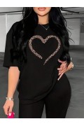Kadın Kalp Baskılı T-Shirt Kısa Kol Bisiklet Yaka Oversize Tişört - Siyah