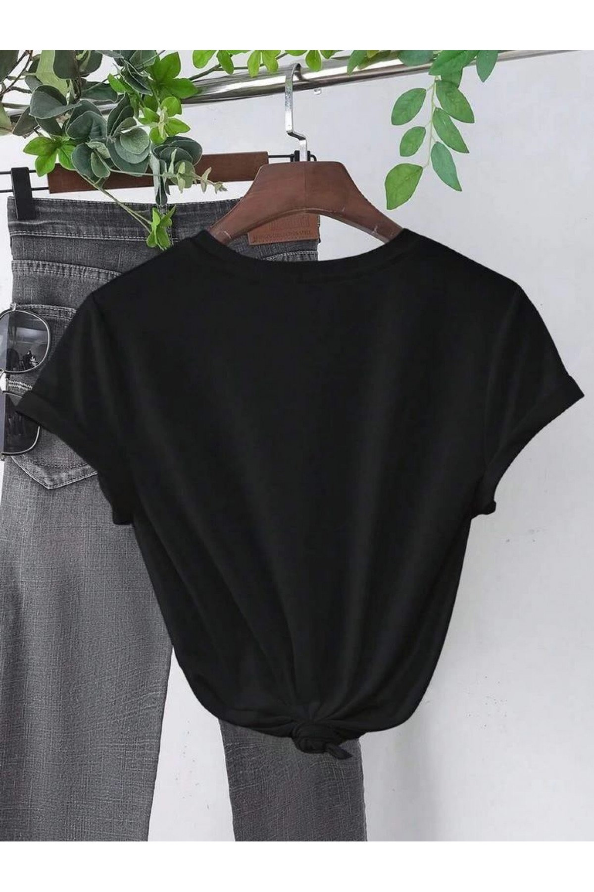 Kadın Kalp Baskılı T-Shirt Kısa Kol Bisiklet Yaka Oversize Tişört - Siyah
