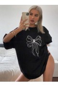 Kadın Fiyonk Baskılı T-Shirt Kısa Kol Bisiklet Yaka Oversize Tişört - Siyah