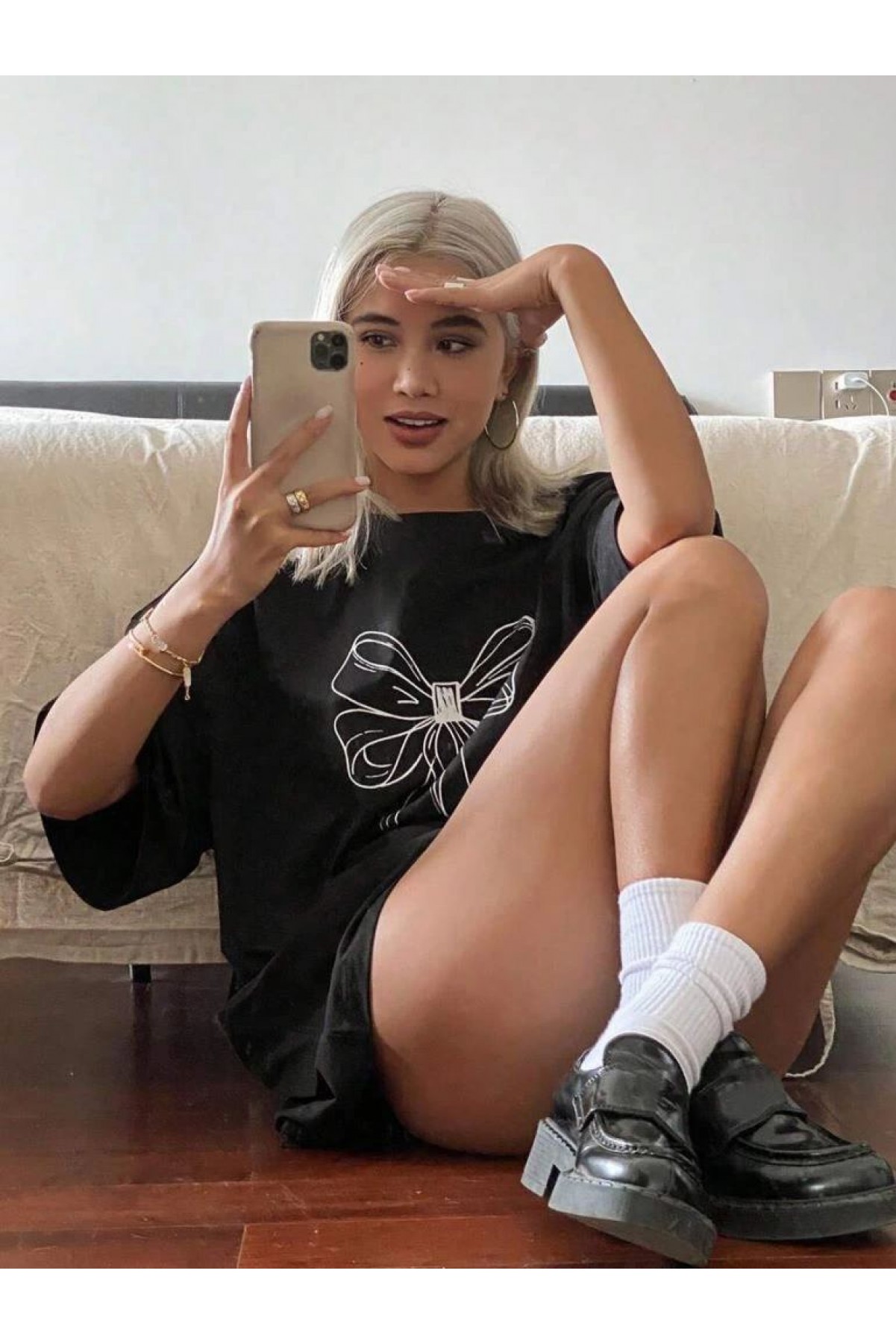 Kadın Fiyonk Baskılı T-Shirt Kısa Kol Bisiklet Yaka Oversize Tişört - Siyah