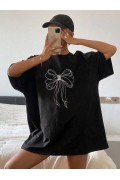 Kadın Fiyonk Baskılı T-Shirt Kısa Kol Bisiklet Yaka Oversize Tişört - Siyah