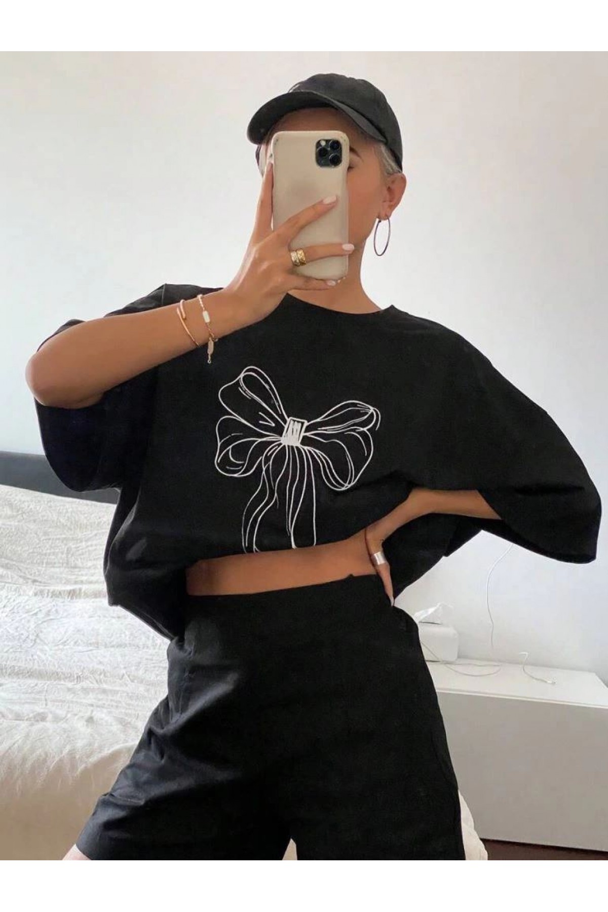Kadın Fiyonk Baskılı T-Shirt Kısa Kol Bisiklet Yaka Oversize Tişört - Siyah
