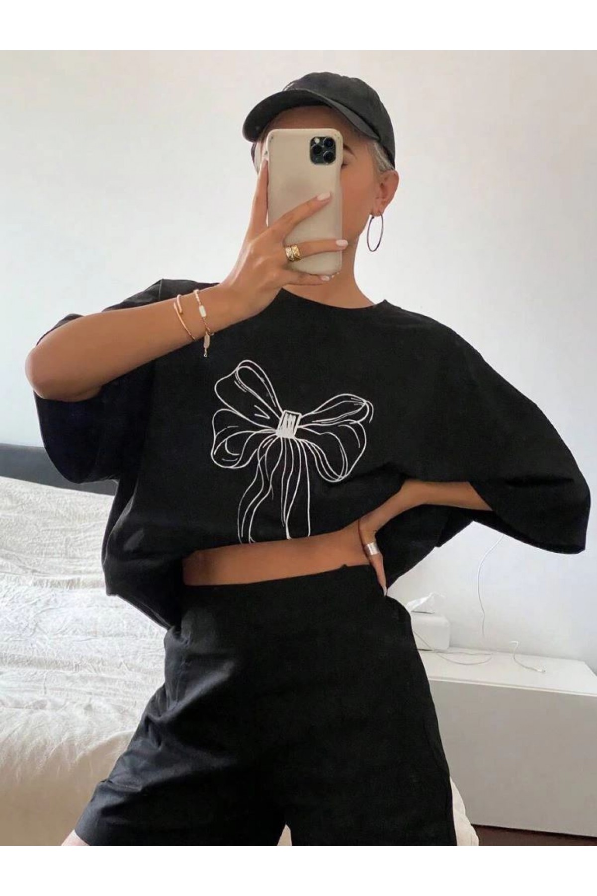 Kadın Fiyonk Baskılı T-Shirt Kısa Kol Bisiklet Yaka Oversize Tişört - Siyah